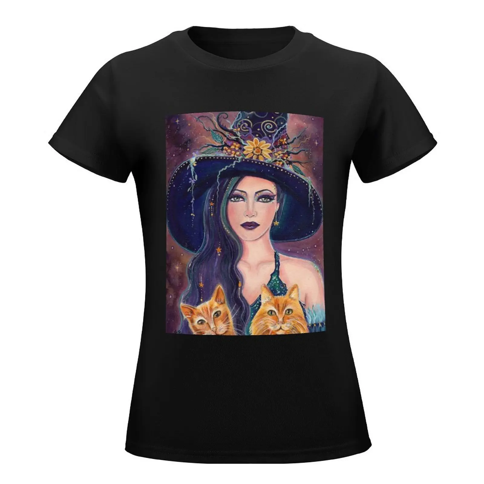 Jinx and Jazz Halloween witch with cats by Renee Lavoie T-Shirt summer tops cute clothes tshirts woman