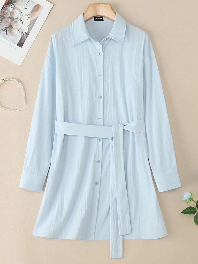 VONDA Sukienka koszulowa z długim rękawem, damska, elegancka, jesień 2025, modna, codzienna mini sukienka letnia, zapinana na guziki, z paskiem.