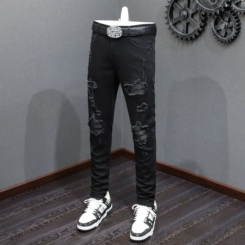 

Street Fashion Men Jeans Black Stretch Skinny Fit Hole Leather Patched Ripped Jeans Men Brand Designer Hip Hop Denim Pants Homme