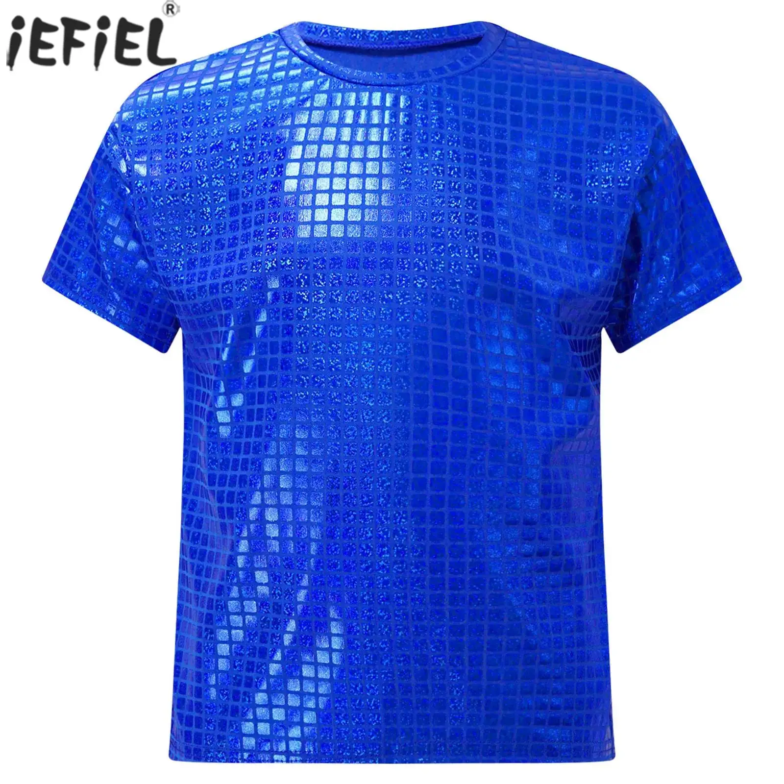

Kids Girls Boys Jazz Hip Hop Dance Tops Metallic Shiny Plaid Sequins T-shirt Top Cheerleading Stage Performance Street Dancewear