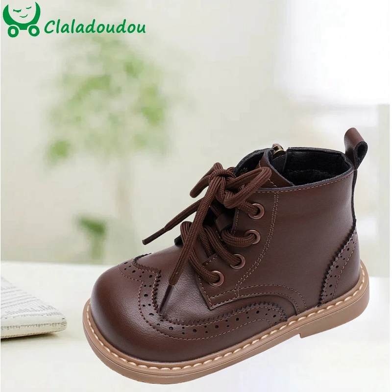 

Claladoudou Fashion Children Boots,Solid Brown Black Brogue Retro Ankle Boots For Kids Girls,Rubber Sole Little Boys Autumn Boot