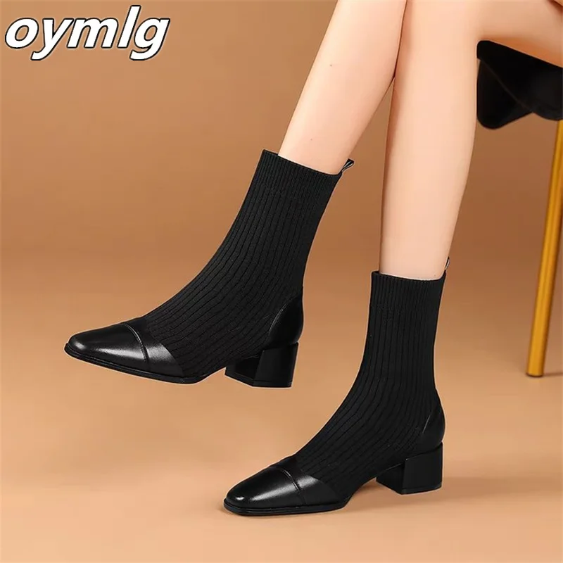 Square Head Slim Boots 2023 Autumn New Simple and Stylish Thick High Heel Boots Sleeve Knitted Short Boots for Women