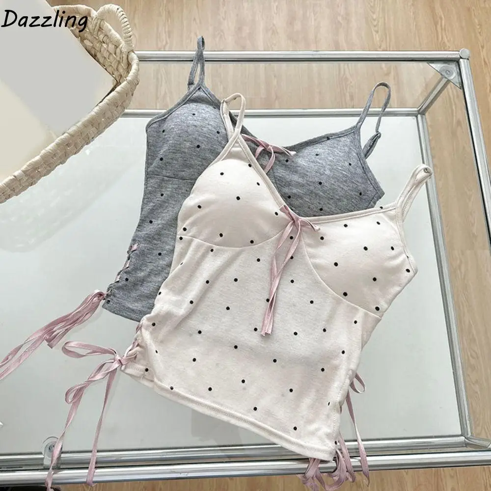 

Spicy Dots Strap Vest Tops Tank Sleeveless Camisole with Pads Drawstring Lace-up Y2K Slim Crop Top Girls