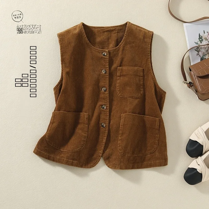 

Retro Artistic Corduroy Striped Vest Jaet Women's ort Svel Top Large Size Autumn New Sle Commute Sle Pure Color