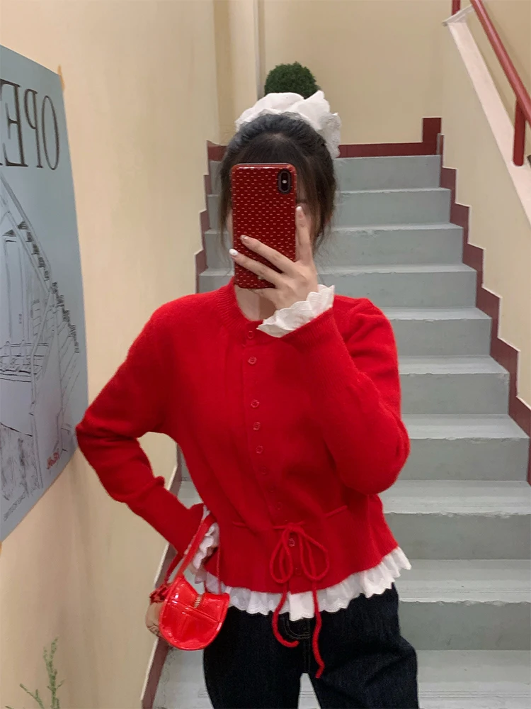 

Красный вязаный кардиган женский, весна 2025, новая корейская версия, с эффектом утяжки талии, имитация двухслойности, милый стиль