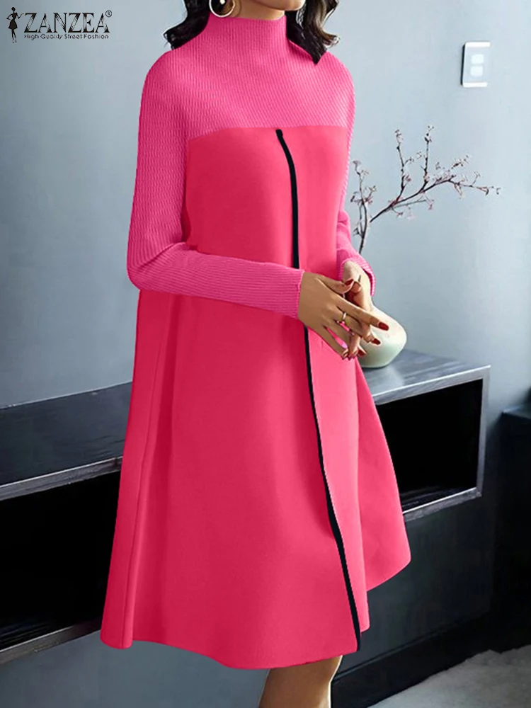 ZANZEA Women Knitted Dresses Vintage Stand Collar Knee-length Vestidos Fashion Long Sleeve Dress Stitching Colorblock Line Robes