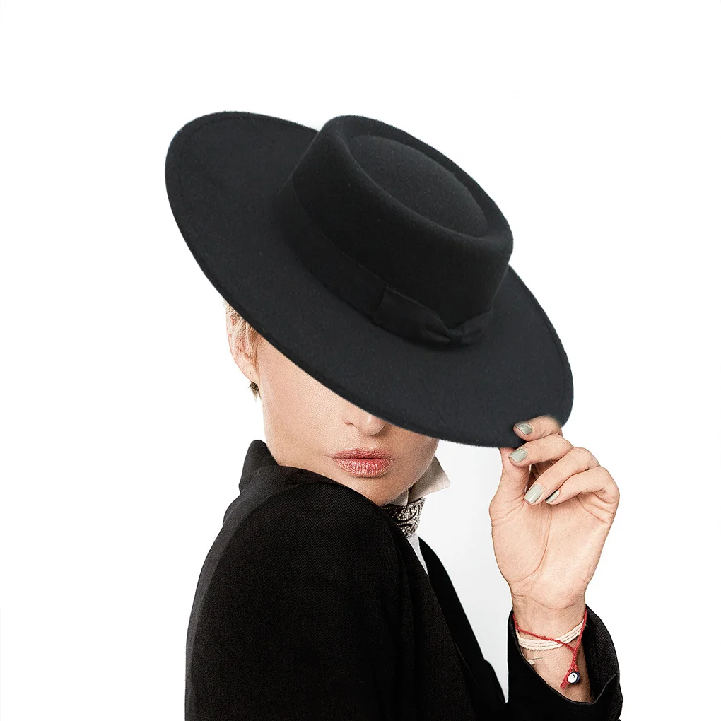 الفرنسية ربطة القوس فيونكة فيدورا قبعة الشتاء الخريف تقليد الصوفية السيدات فيدورا قمة الزفاف الجاز القبعات شقة ورأى قبعة الرامي القبعات #4