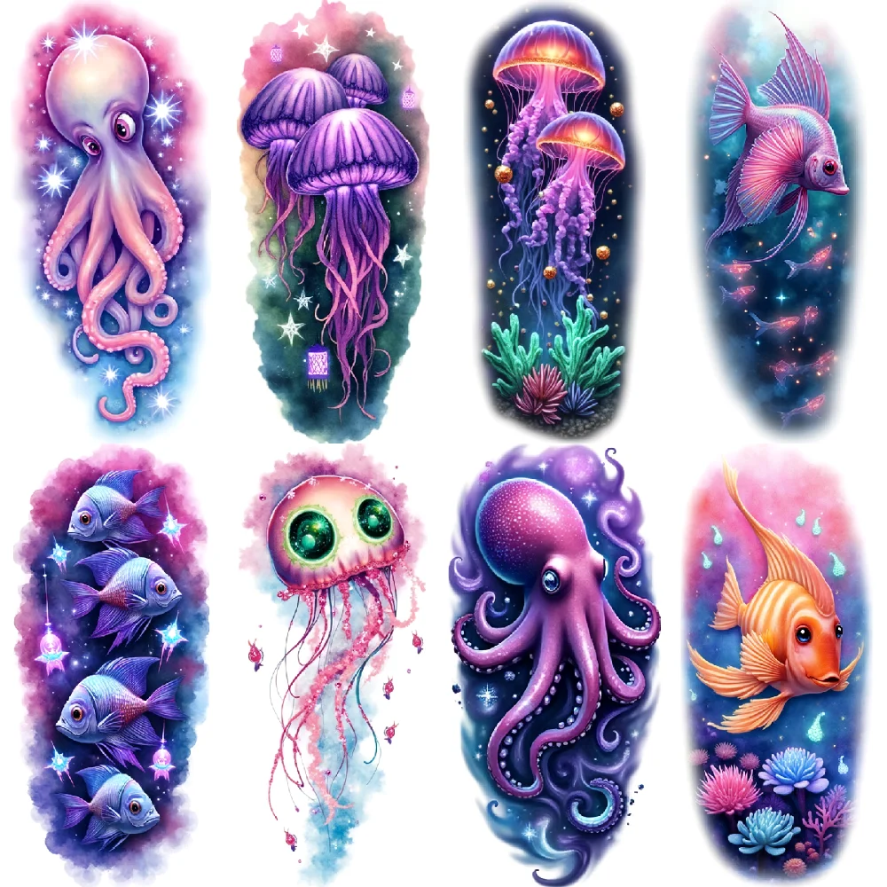 

12pcs Temporary Tattoo Waterproof Long-lasting Body Stickers Fish Colorful Coral Jellyfish With Stars For Women Men Thighs