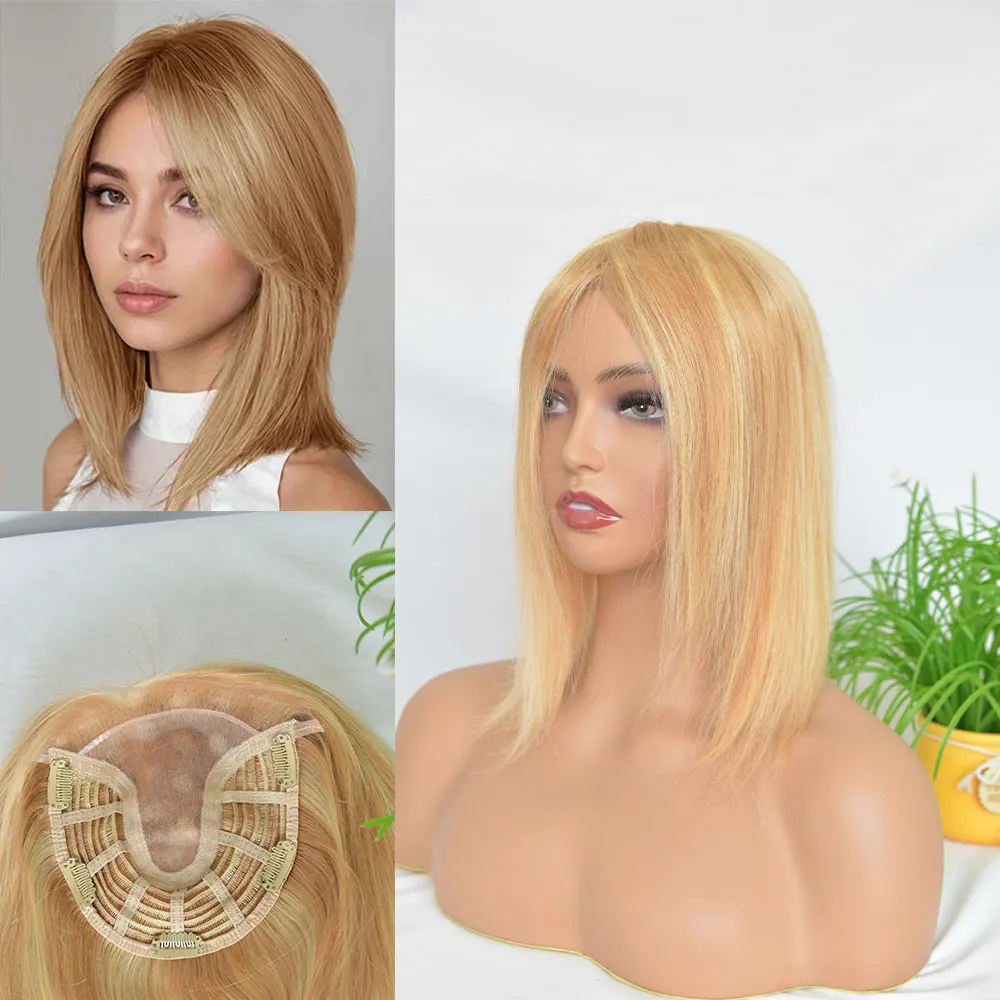 Blonde Human Hair Topper For Women HD Lace Hair Pieces Clip In Hair Extensions For Women Wigs No Bangs 15x17cm(6x6.5inch) 10inch