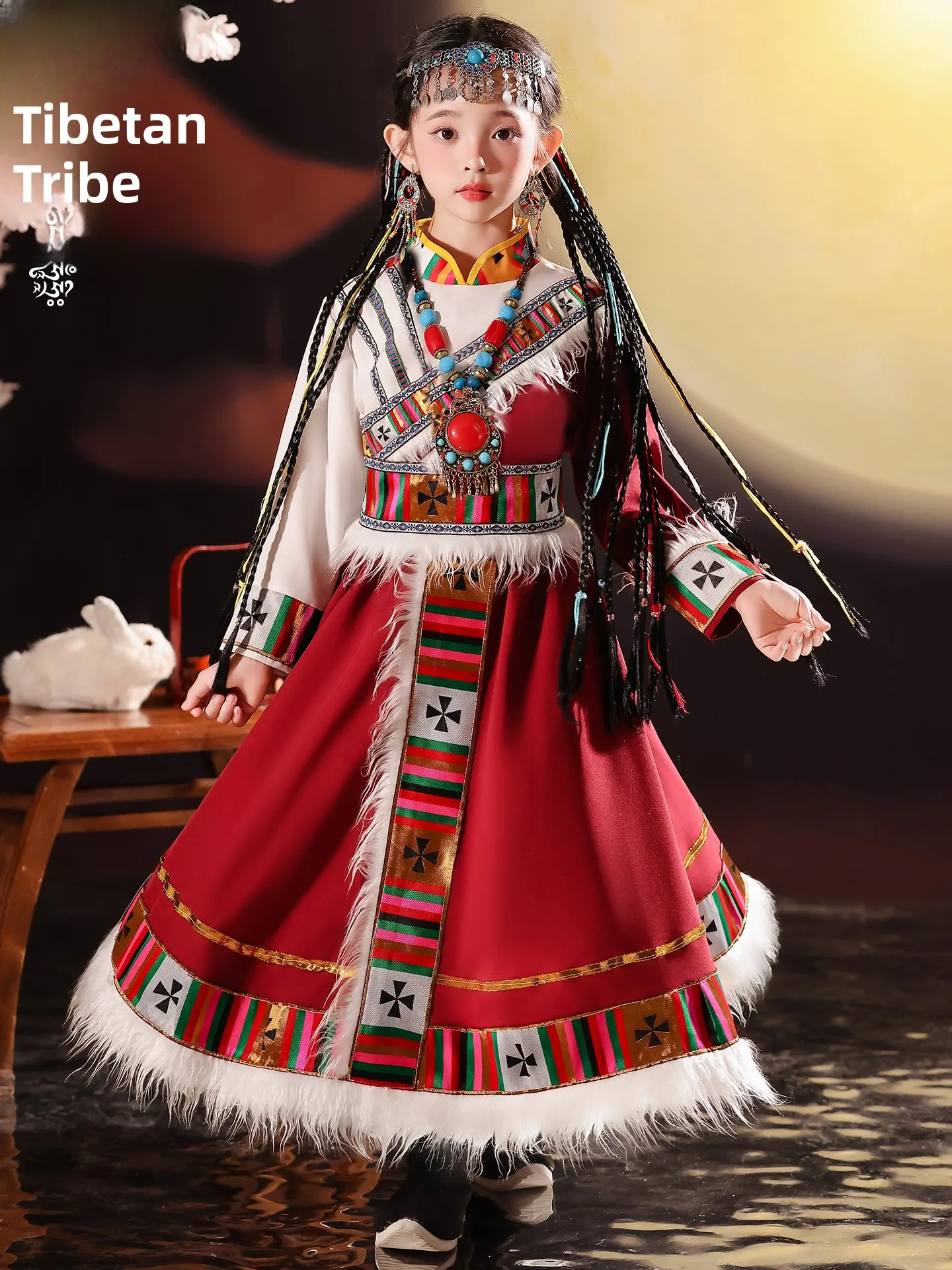 

New Children's Tibetan Costume Girls' Tibetan Robe Ethnic Minori Clothing Mongolian Dance Performance Outfit TJK25263-2