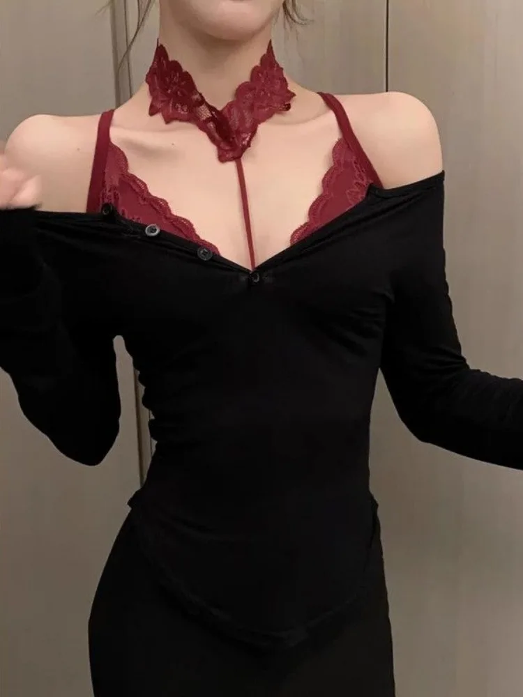 طقم ربيع 2025 مكون من قطعتين قطع علوية نسائية ضيقة ضيقة واحدة الصدر + سترة دانتيل رسن بدون أكمام Y2k الجرونج الجمالي #4