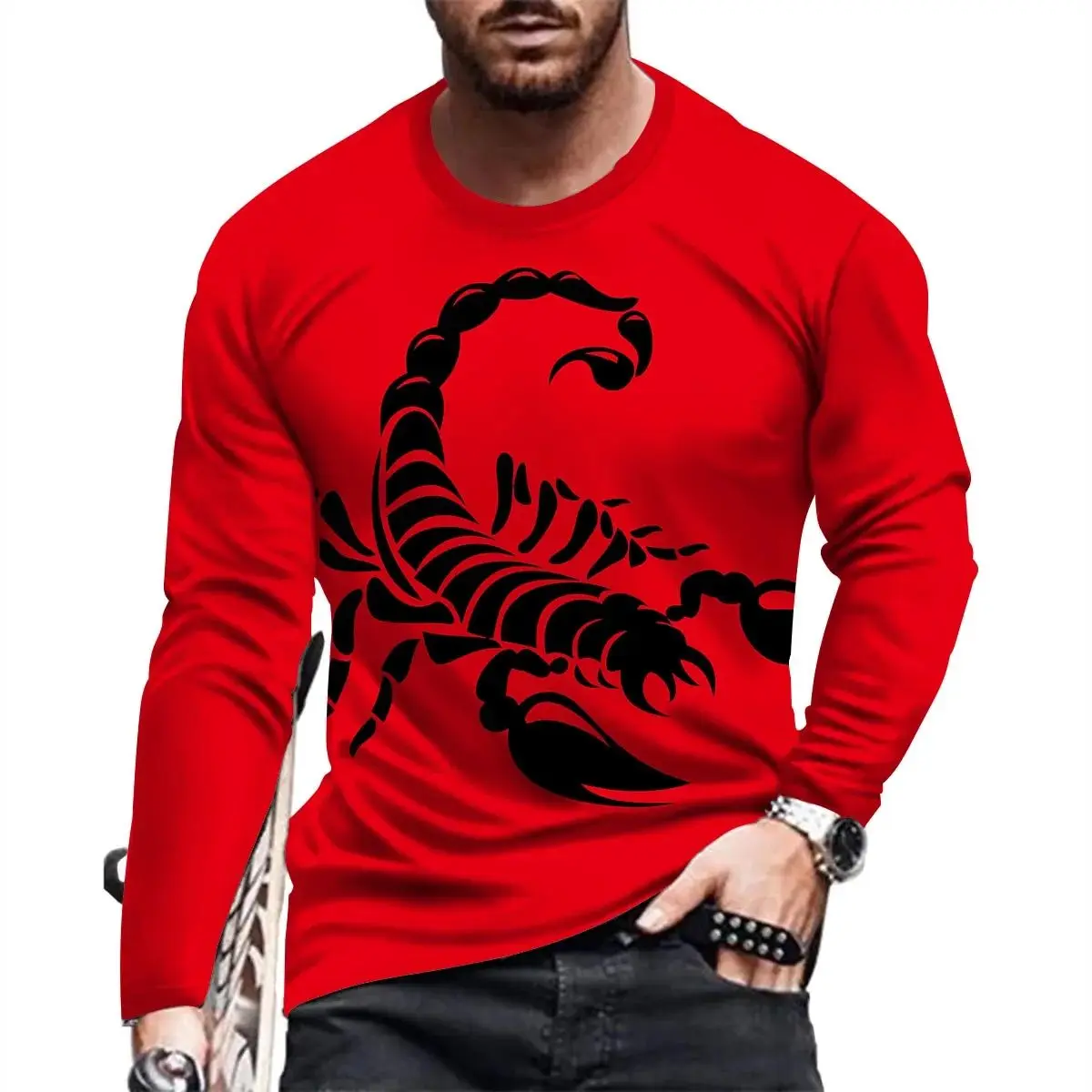 Men\'s Fashion O Collar Long Sleeve Casual Personality Loose 3d Printed Fun Scorpion Print T-Shirt Up To Size Breathable Top