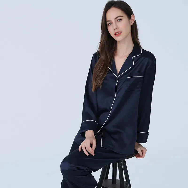 

Комплект женской пижамы из 100% шелка тутового шелкопряда (25 момме), 2 предмета: топ с длинным рукавом и брюки. Повседневная домашняя одежда для весны и лета.