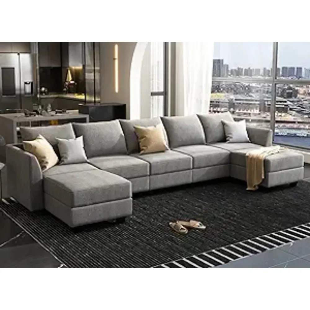 

Modern fabric corner 7-seater U-shaped sofa combination with storage space for living room, gray, free shipping