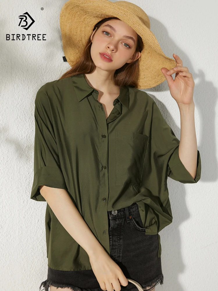 BirdTree, 25%Natural Silk Elegant Shirt, Women Half Sleeve Solid, Classic Vacation Loose OL Blouse, 2024 Summer Autumn T40630CC