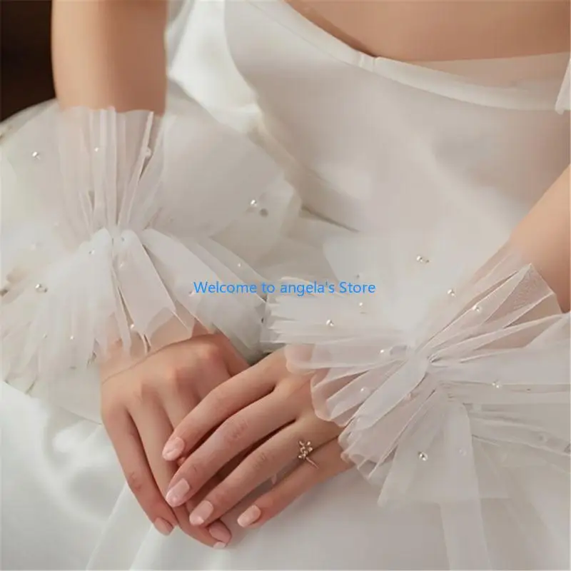 

X4YC2Pcs Faux Pearls Tulle Bridal Arm Sleeves Breathable Wrist Cuffs Bride Arm Sleeve Set Lightweight Costume Accessory Summer E