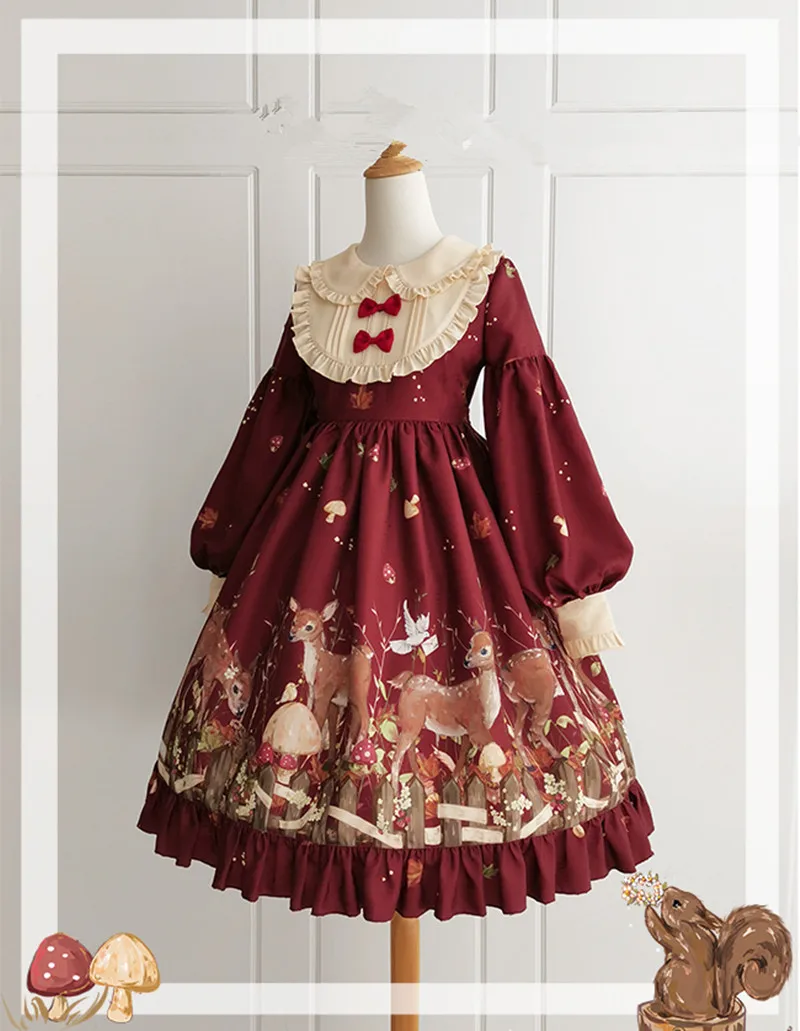 

Lolita Dress Long Sleeve Christmas Pattern Pleated Lolita One Piece Dress