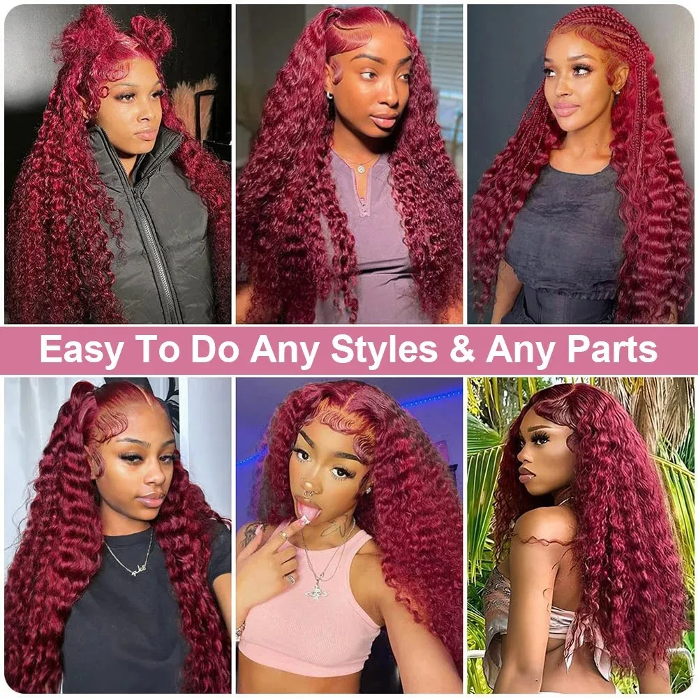 شعر الإنسان 99J بورجوندي 30 بوصة موجة عميقة الدانتيل شعر مستعار أمامي 13x4 أحمر مجعد الدانتيل الباروكات الأمامية HD المياه غريب البرازيلي