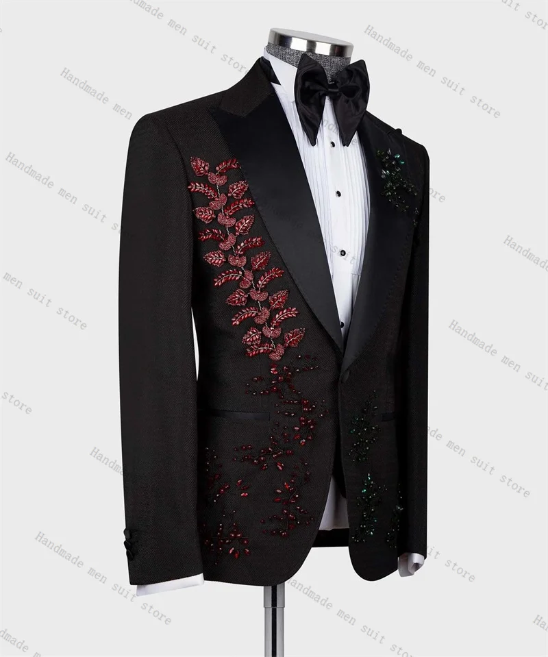 

Red Crystals Men Suit Set 2 Piece Black Blazer+Pants Wedding Tuxedos Coat Cotton Customized Formal Office Business Jacket