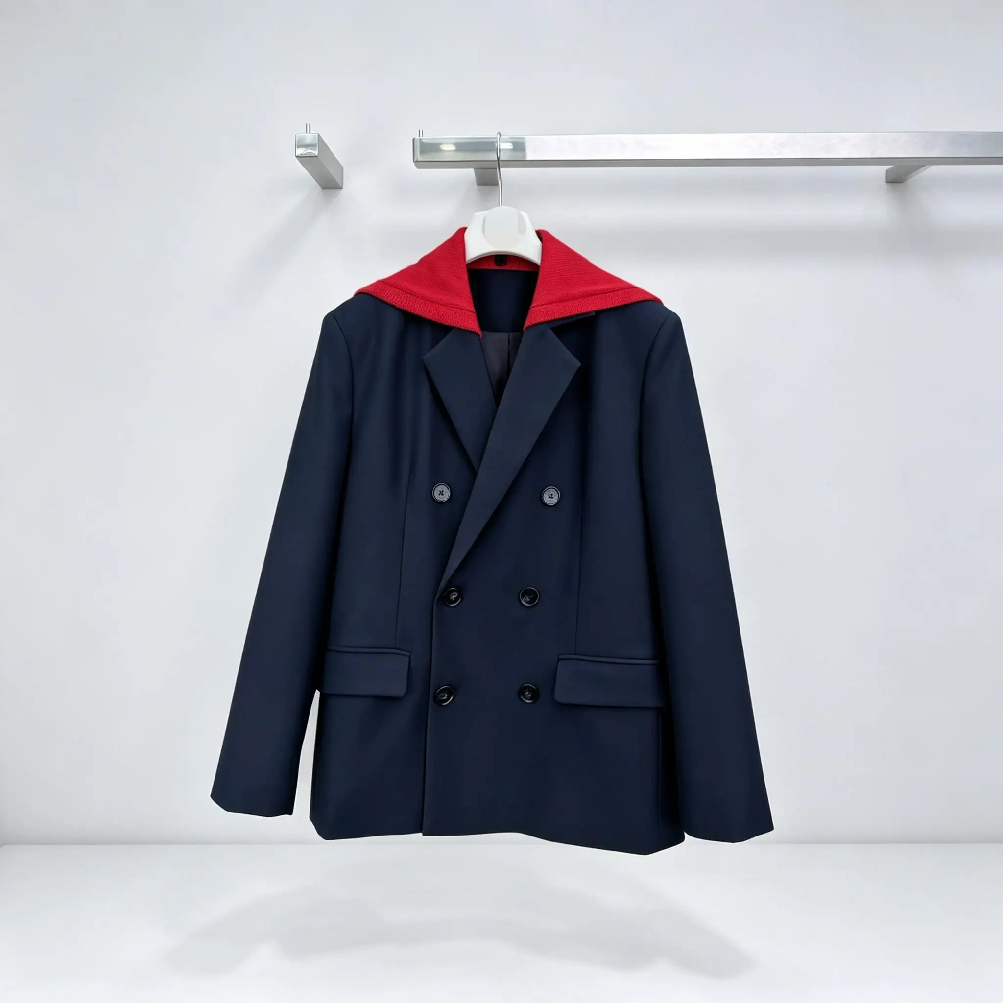 Ladies Double Breasted Suit Jacket Removable Knit Collar Oversized Blazer Coat