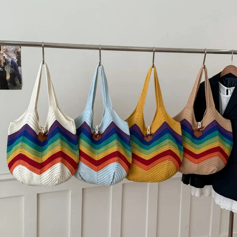 2026 with Colorblock Design Openwork Knit Summer Travel Market rainbow Shopping Crochet Beach Tote Bag Vacation Shoulder Bag