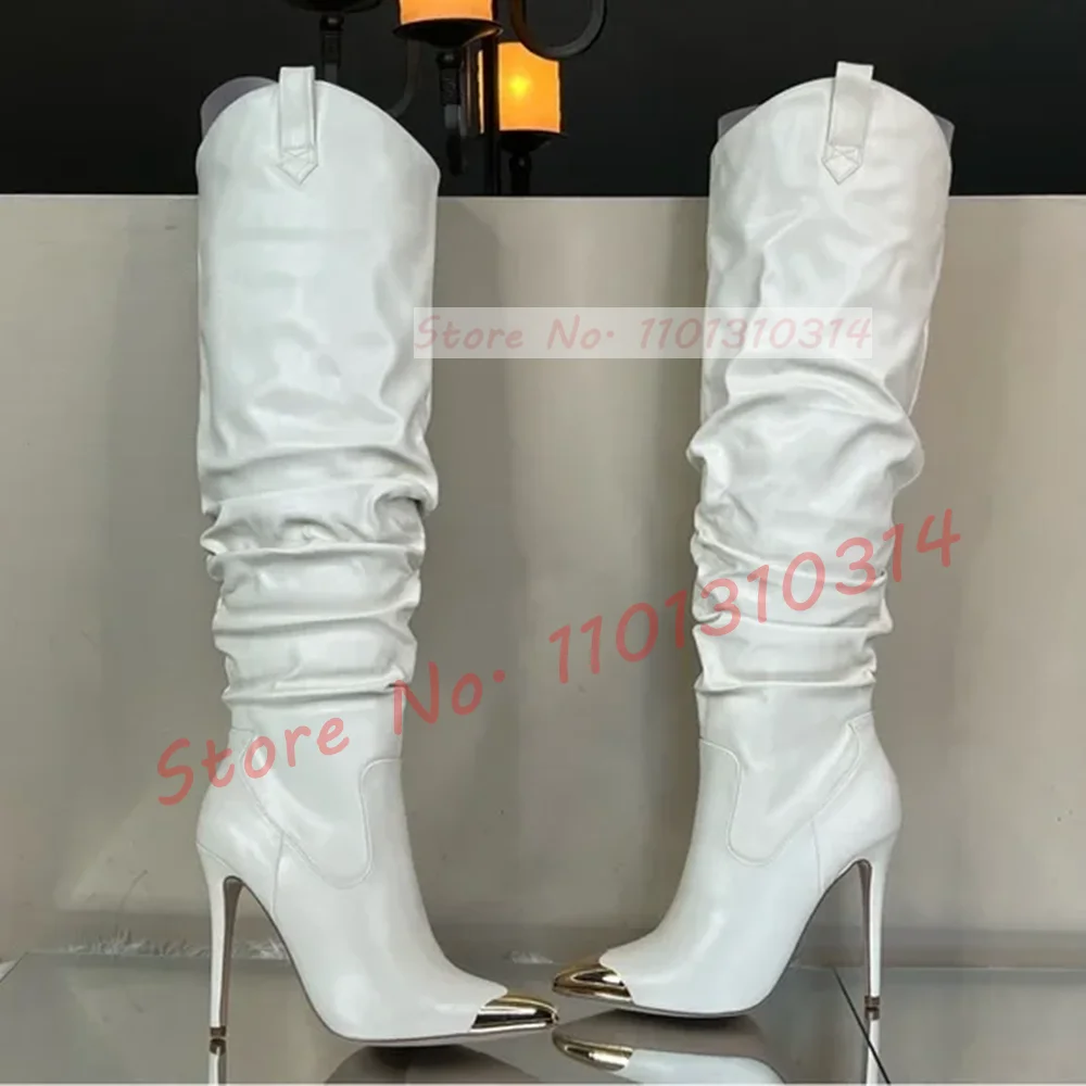 Metallic Toe Knee High Boots Women Chic Pleated White Stiletto High Heels Shoes Ladies Winter Gorgeous Pointy Slim Tall Boots