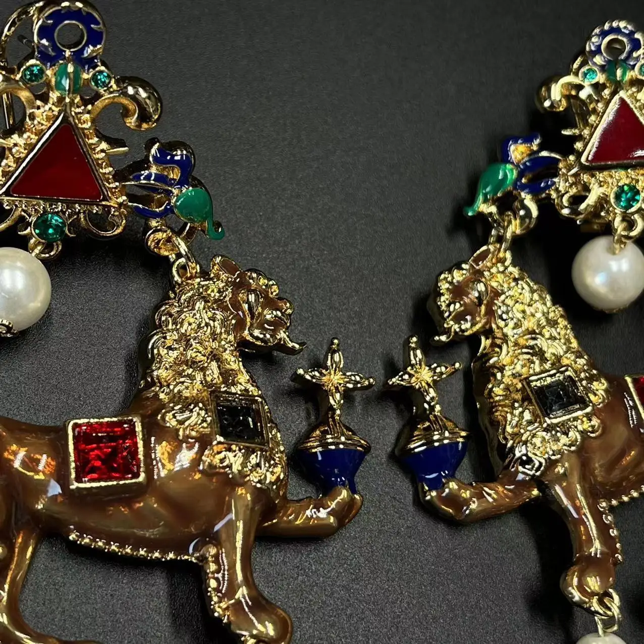 vintage Double horse ears stud decorated enamel heavy industry multi-element earrings medieval earrings for women