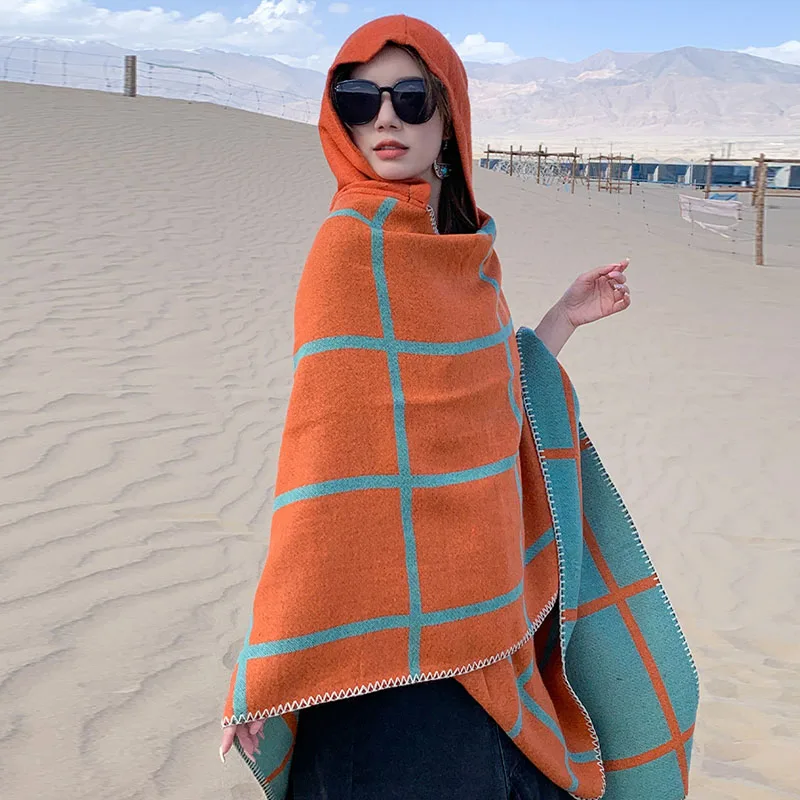 Chic Luxury Design Poncho Imitate Cashmere Warm Wraps Women Cape With Hooded Travel Blanket Boho Vibe Multi-Fuction Cloak Scarf