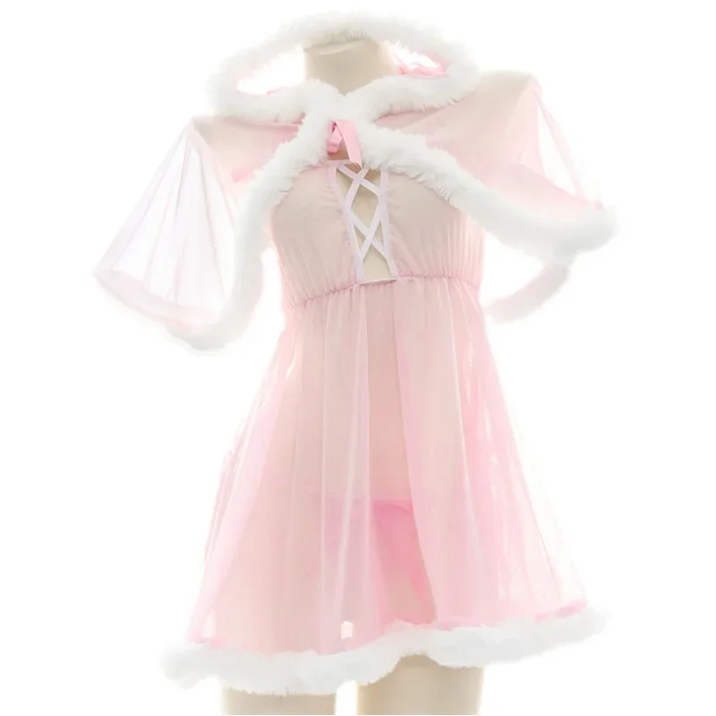 Lolita pink hooded chiffon cape anime cosplay sleepwear women hollow out mesh furry nightdress pajamas uniform outfit