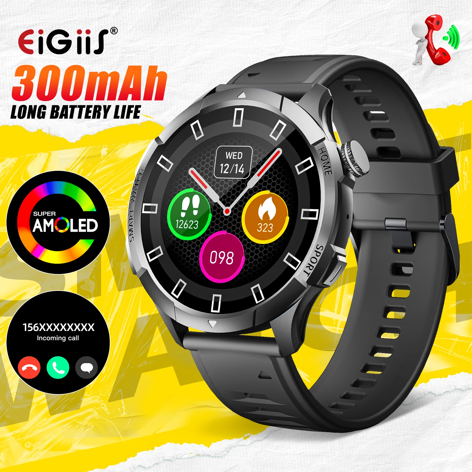 

EIGIIS Men Smart Watch 1.96"HD Big AMOLED Rugged Smartwatch Upgraded Fitness Tracker 5ATM Waterproof/Heart Rate/Sleep Monitor