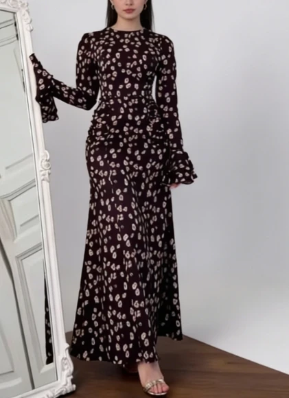 우아한 미디 여성 드레스 신상 플레어 슬리브 프렌치 플로럴 슬림핏 A라인 드레스