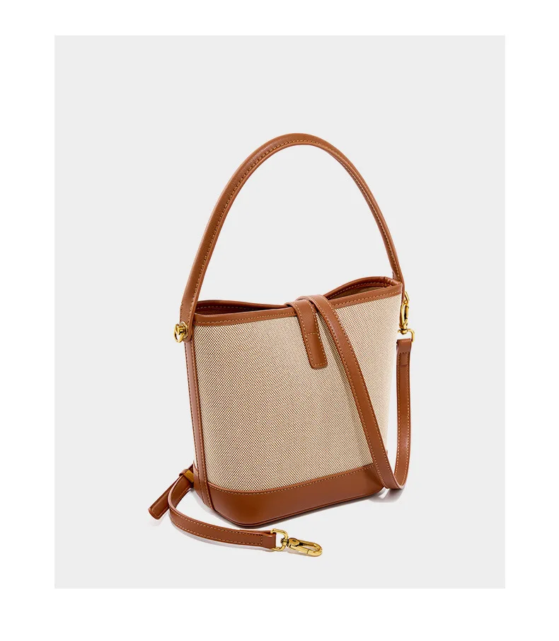 Retro Weaving Female Messenger Bucket Handbag Canvas Leather Splicing Top Handle Crossbody Daily Shoulder Purse