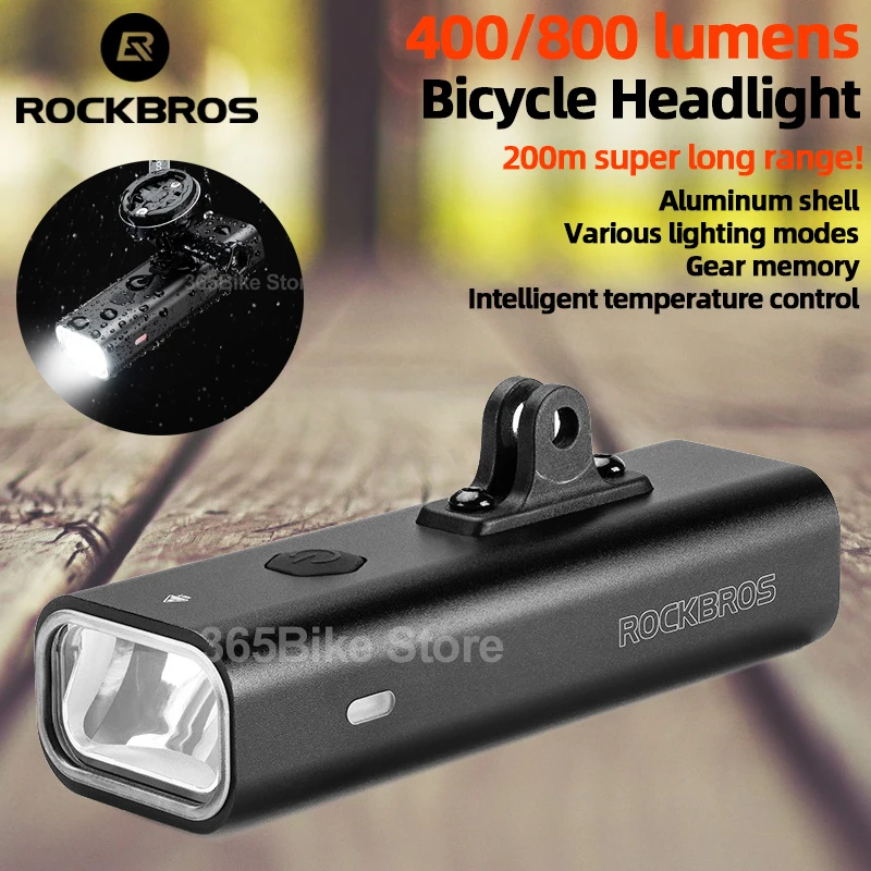 

ROCKBROS Bike Light 400 800 Lumens Headlight Bicycle Handlebar Front Lamp MTB Road Cycling USB Rechargeable Safety Flashlight