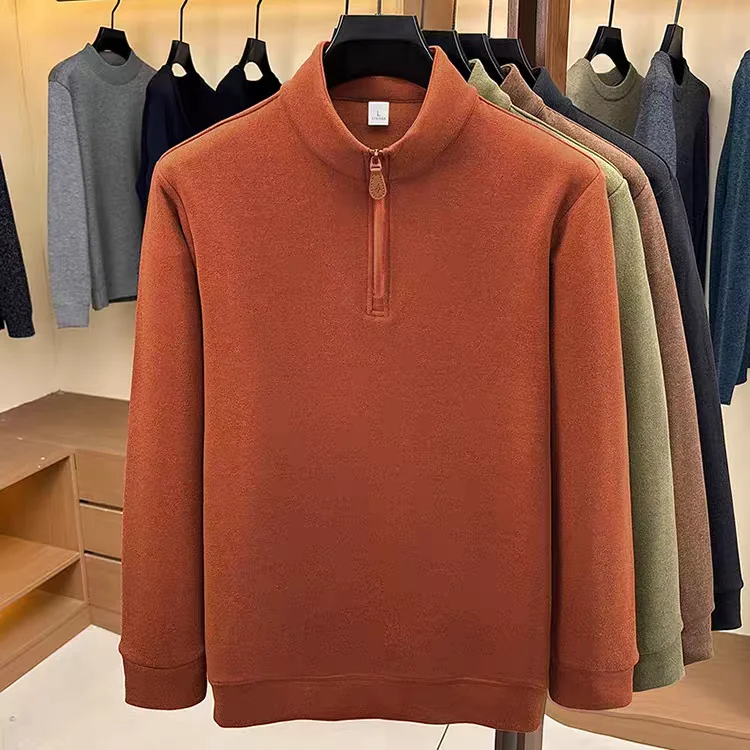 Men's Turtleneck Solid Color Polo Stand-up Collar Long-sleeved T-shirt Trend Double-sided Velvet Thermal Sweater Top