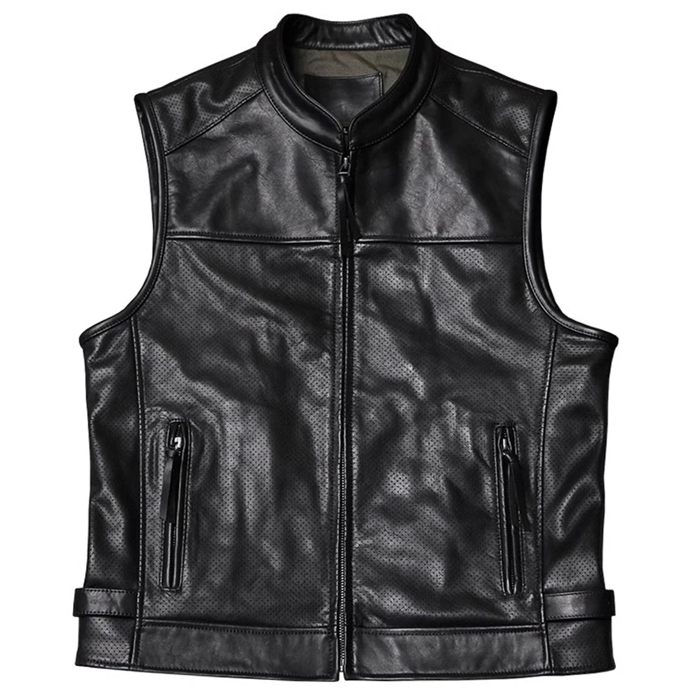 Mesh Sheer Cowhide Leather Mans Vest Summer Spring Waistcoat Top Tanks Genuine Leather Riding Mans Vest Coat European Brand