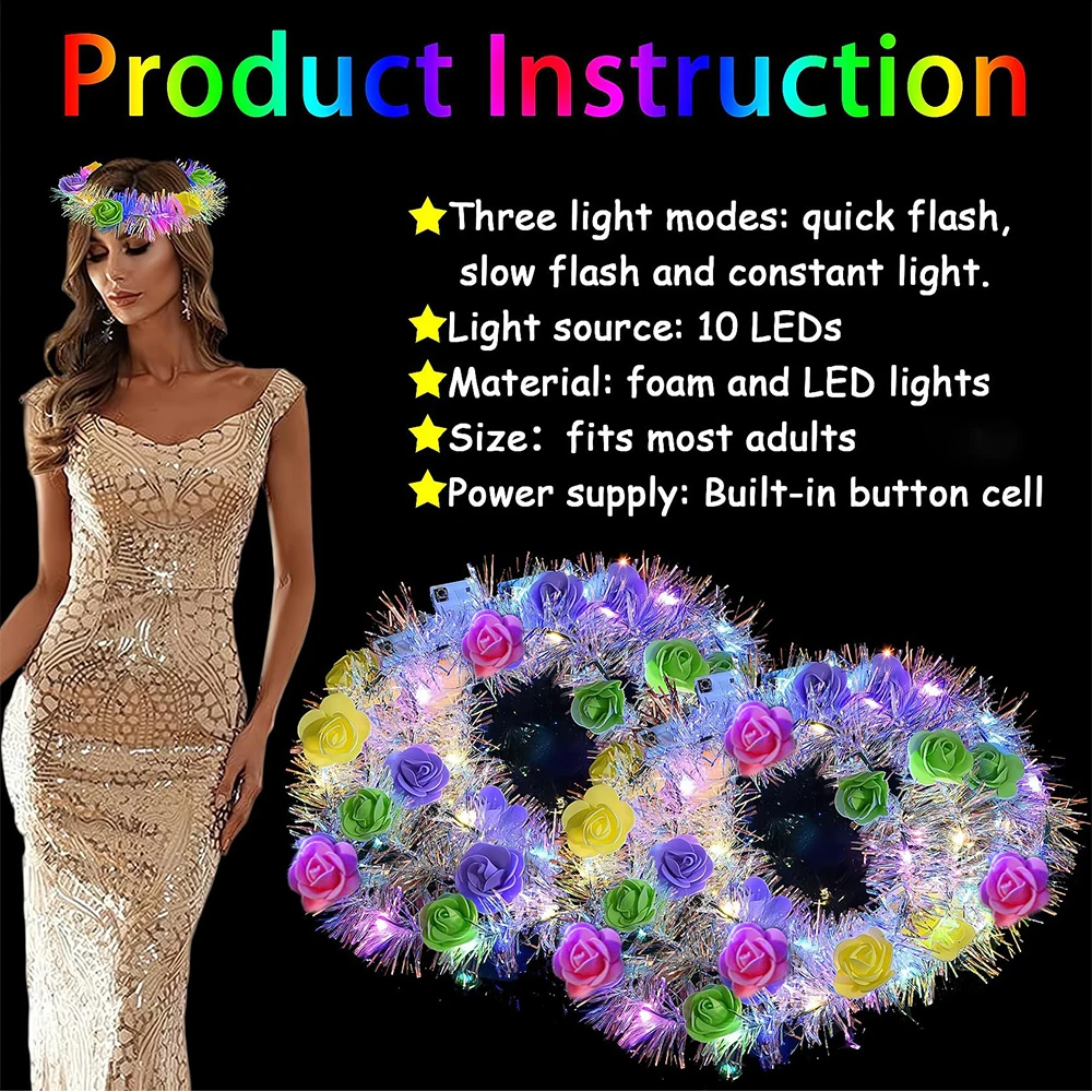 10/20 Stück LED-Blumenkranz, leuchtende Blumenkrone, Haarschmuck für Hochzeiten, leuchtendes Stirnband, Geburtstagsfeier, Hochzeitszubehör – Detail 5