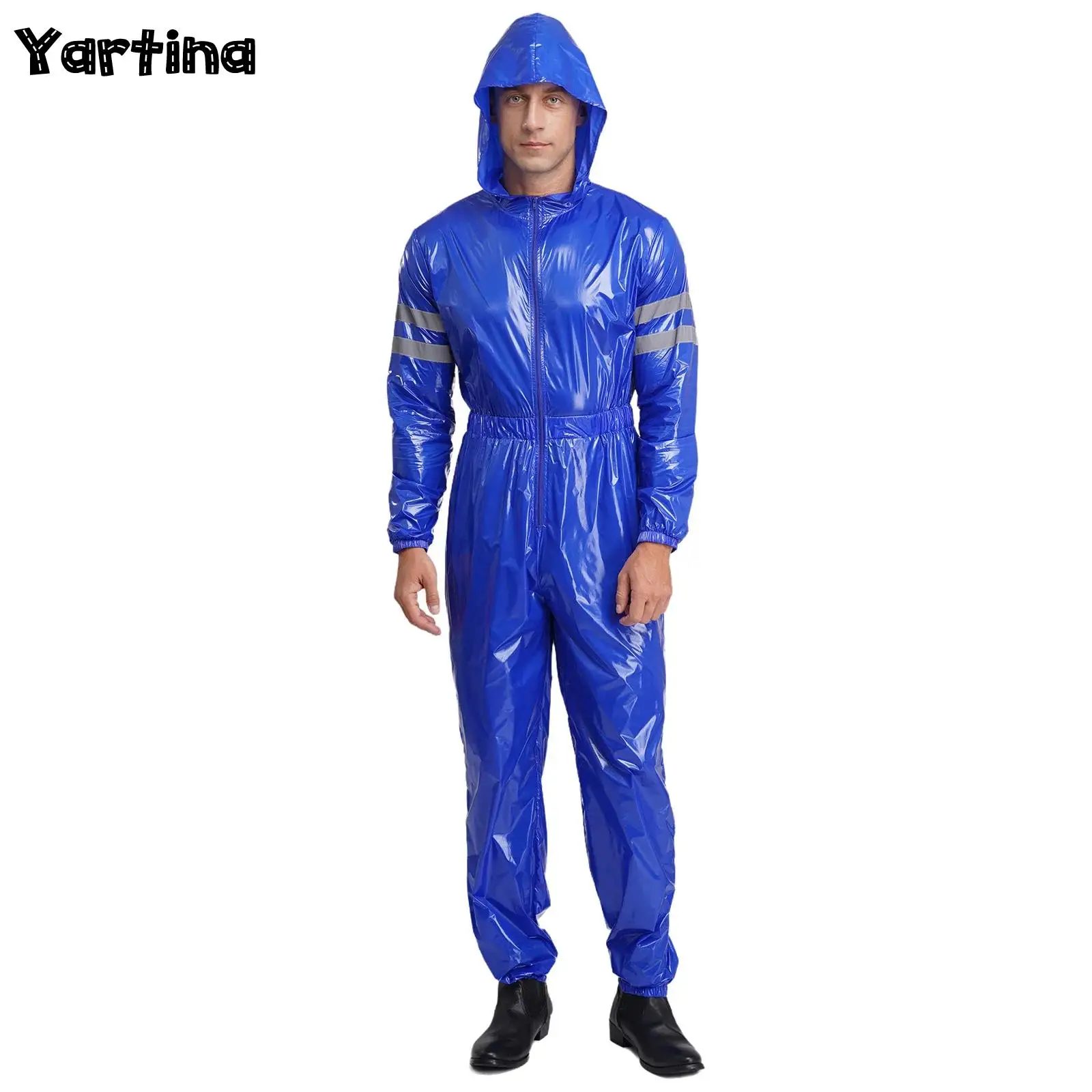 

Мужской комбинезон с капюшоном на молнии спереди, устойчивый комбинезон с длинными рукавами, костюм, светоотражающие полосы высокой видимости, спецодежда