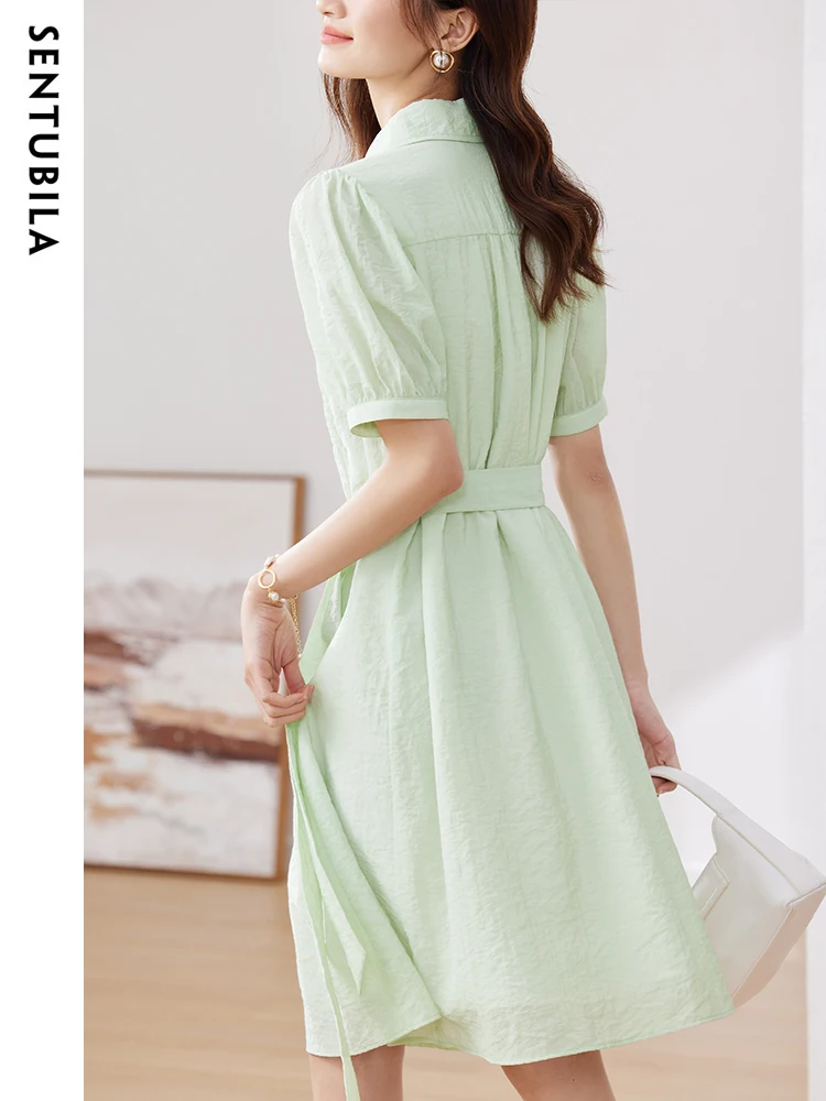 Sentubila abito camicia con cintura Smocked verde chiaro per donna 2023 elegante colletto rovesciato manica A sbuffo una linea abiti estivi al