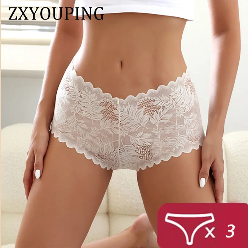 

Lace Seamless Floral Panty For Women V-Waist Low-Rise Underwear Ladies Comfortable Lingerie Translucent Thin Light Boxer Briefs