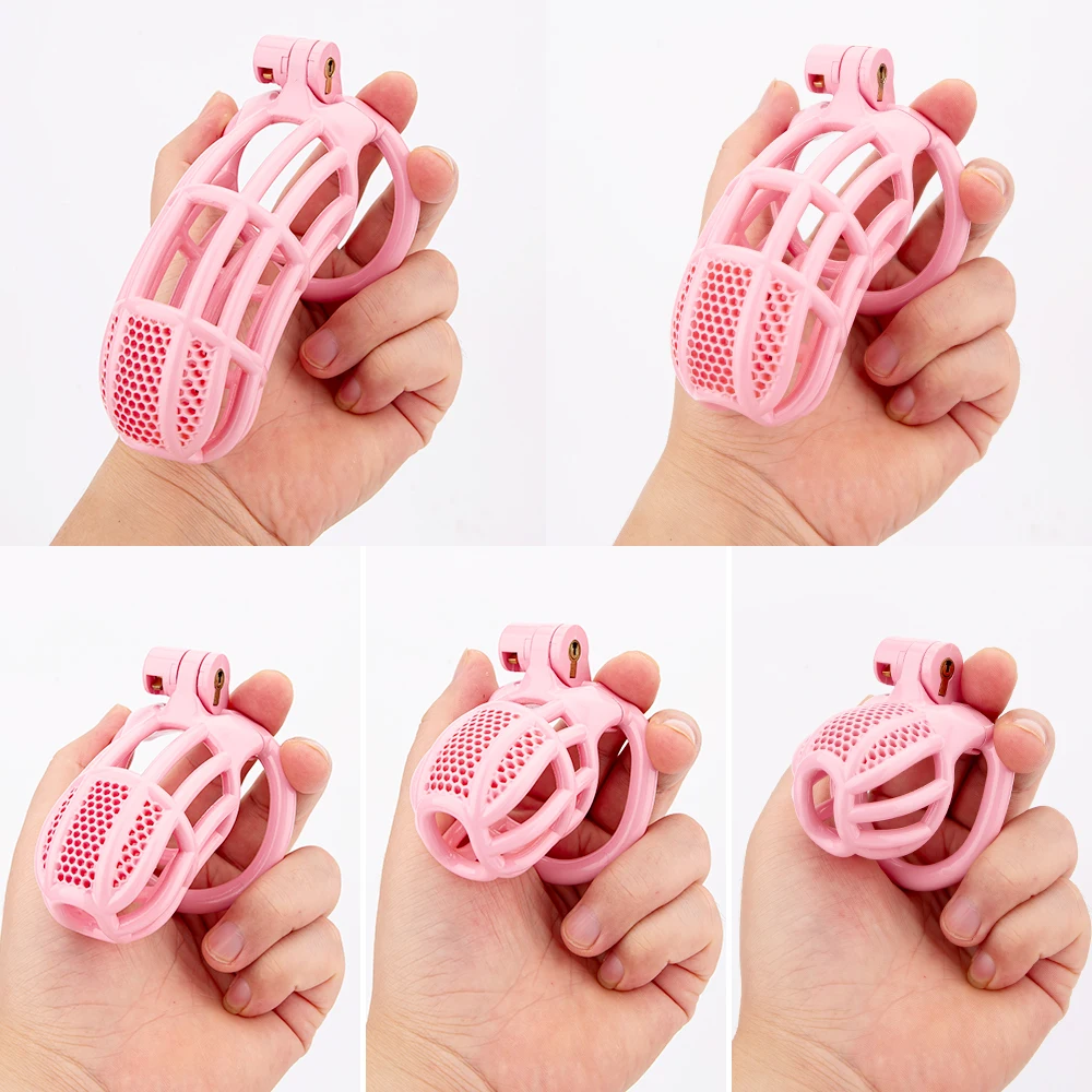 5 Sizes Honeycomb Pink Sissy Male Chastity Cage 3D Print Lightweight Penis Cock Cage Lock With 4 Base Ring BDSM Sex Toys For Men