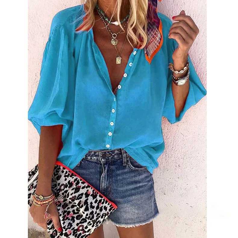 Loose Solid Color Long-sleeved V-neck Loose Button Ladies Shirt Summer Women\'s Blouse Explosion Models New Women Femme Blusas