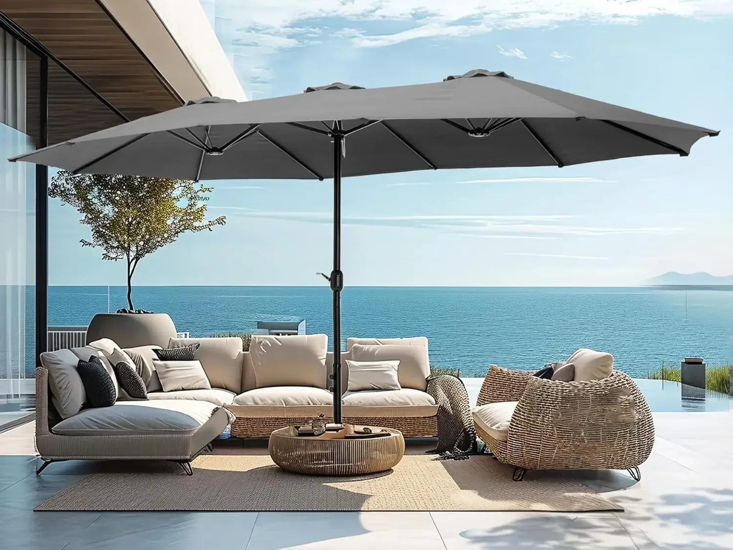 15ft Large Patio Umbrellas with Base, Outdoor Double-Sided Rectangle Market Umbrella for Pool Lawn Garden, Light Gray