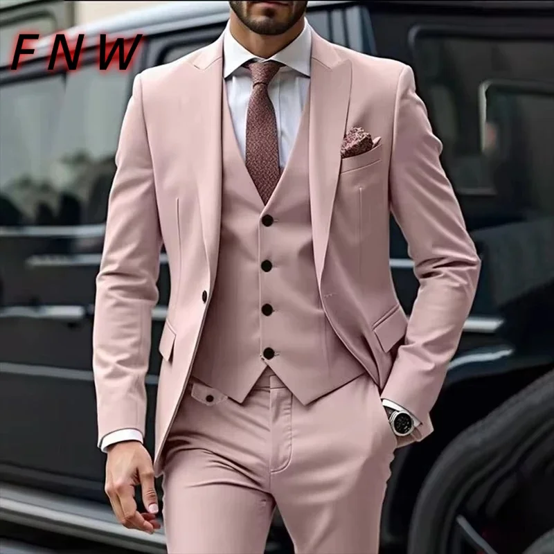 

High-End Pink Men's Suit Elegant Single-Breasted 3-Piece Set for Party Formal Prom Wedding Includes Jacket Pants Vest Customized