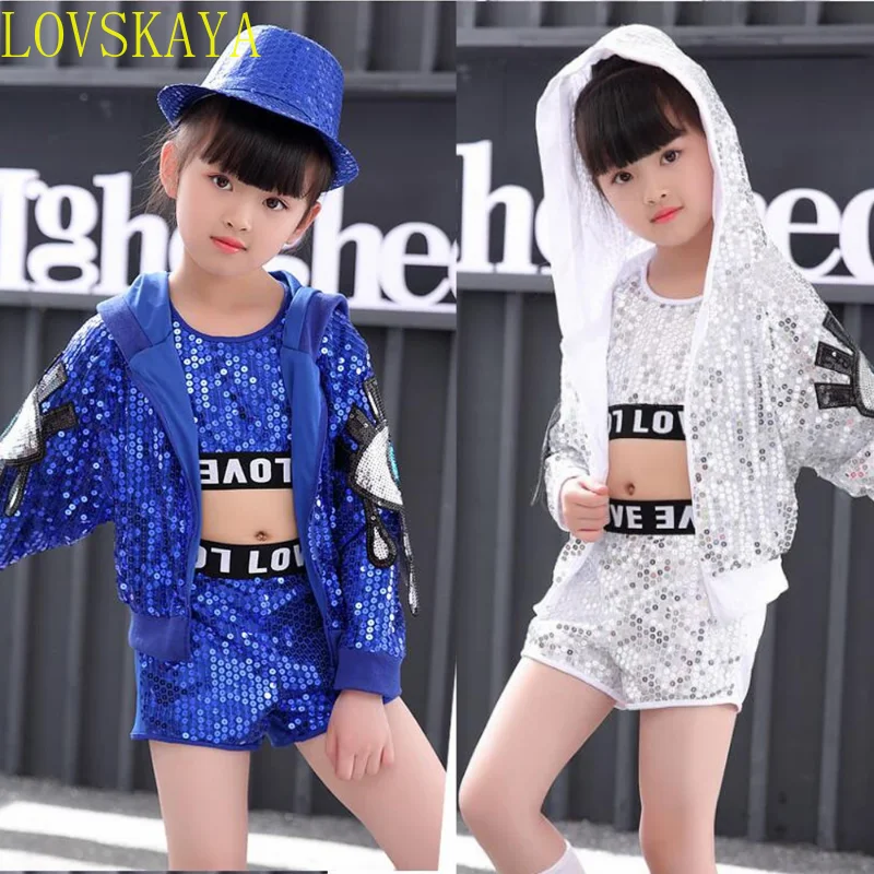 Trajes modernos de dança jazz para meninas, tops de lantejoulas, calças e casaco, roupas infantis para festas, street dance infantil, hip hop, salão de baile, 3 peças