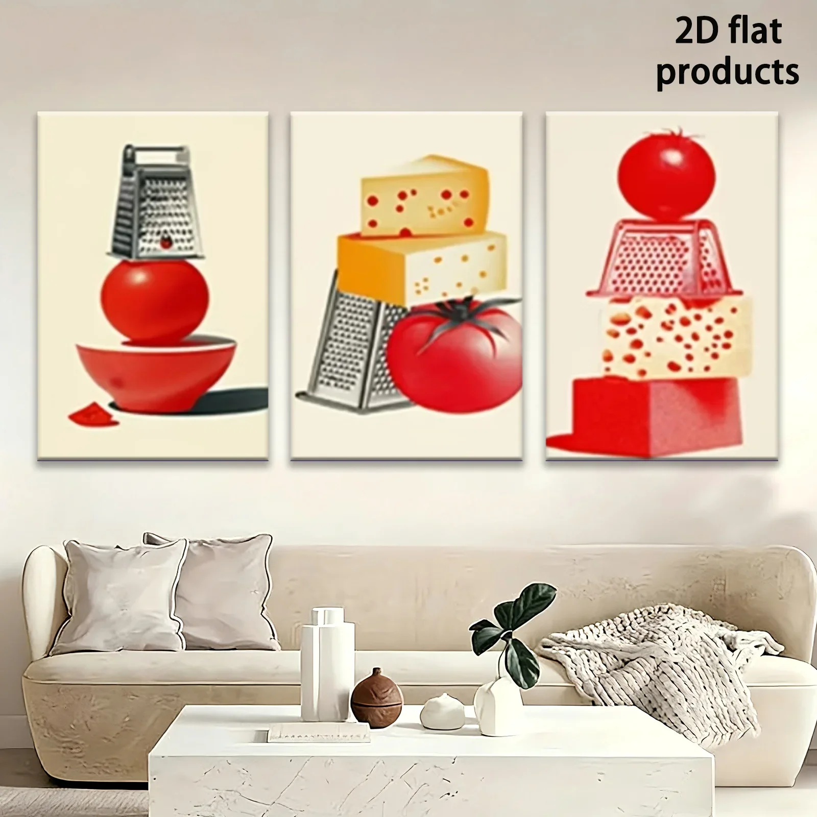 2D Flat, 3pcs Wood Frame Canvas Wall Art Suitable for Living Room, Kitchen Decor - Italian-Themed Cheese Grater Poster with T