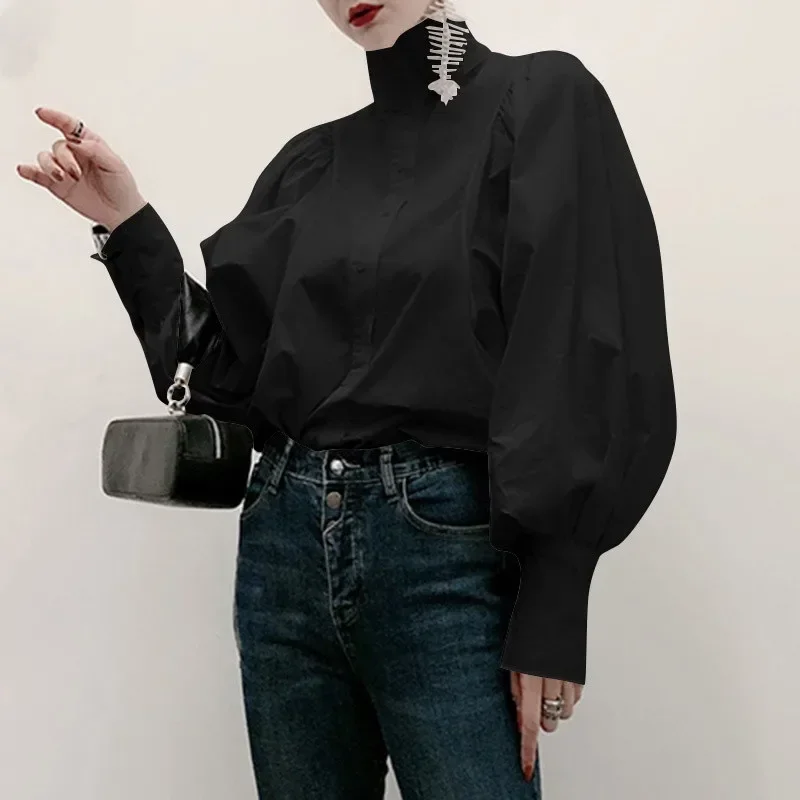 

Loose Long Sleeve Women's Shirt Stand Collar Lantern Sleeve Pure Color Autumn New Style Button up Top Quality Cotton Chinese Bra