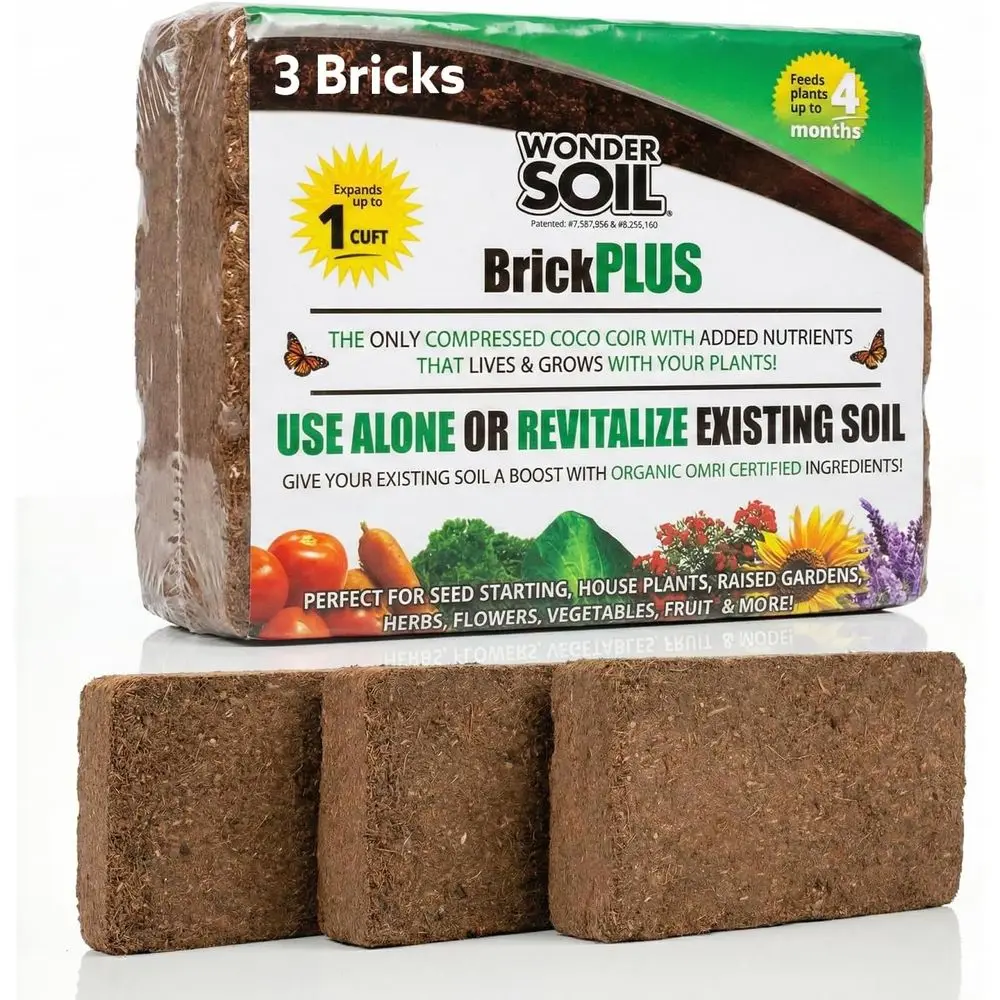 Only 3-Pack Organic Coco Coir Bricks Expands to 30 Quarts with Nutrients & Worm Castings