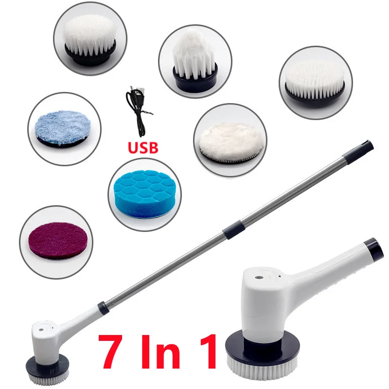 

7 In 1 Electric Cleaning Turbo Scrub Brush Multifunctional Long Handle Cordless Spin Scrubber Cleaning Brush Bathroom Accessorie