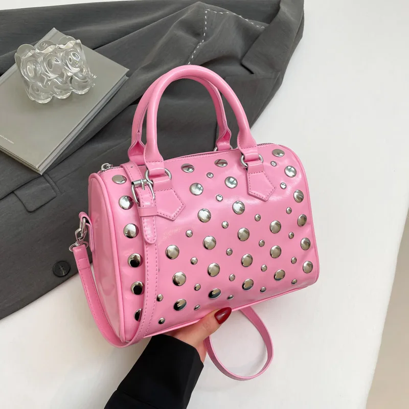 

Brand Boston Bag Trendy Women's Small Handbag Rivet Design Pu Leather Shoulder Crossbody Bag Ladies Travel Clutch Bag Fashion