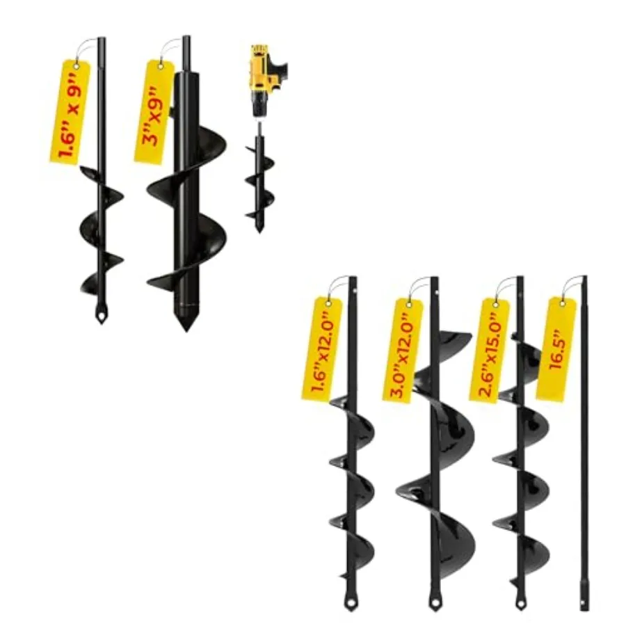

5 - Pack 1.6 x 9'' + 3 x 9'' + 3 Pack with Extension Auger Drill Bit for Planting Garden Spiral Hole and Bulb Planter Tool for